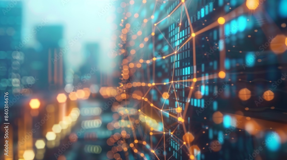 Blockchain network on blurred skyscrapers background. Financial technology and communication concept Blockchain network on blurred skyscrapers background. Financial technology and communication concept
