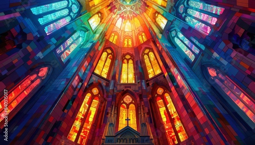 Colorful stained glass windows in a cathedral create a stunning kaleidoscope of light, symbolizing beauty and spirituality.