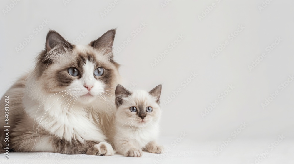 Two Ragdoll cats, one adult and one kitten, sit side-by-side on a white background. The adult cat is looking directly at the camera. The kitten is looking off to the side.