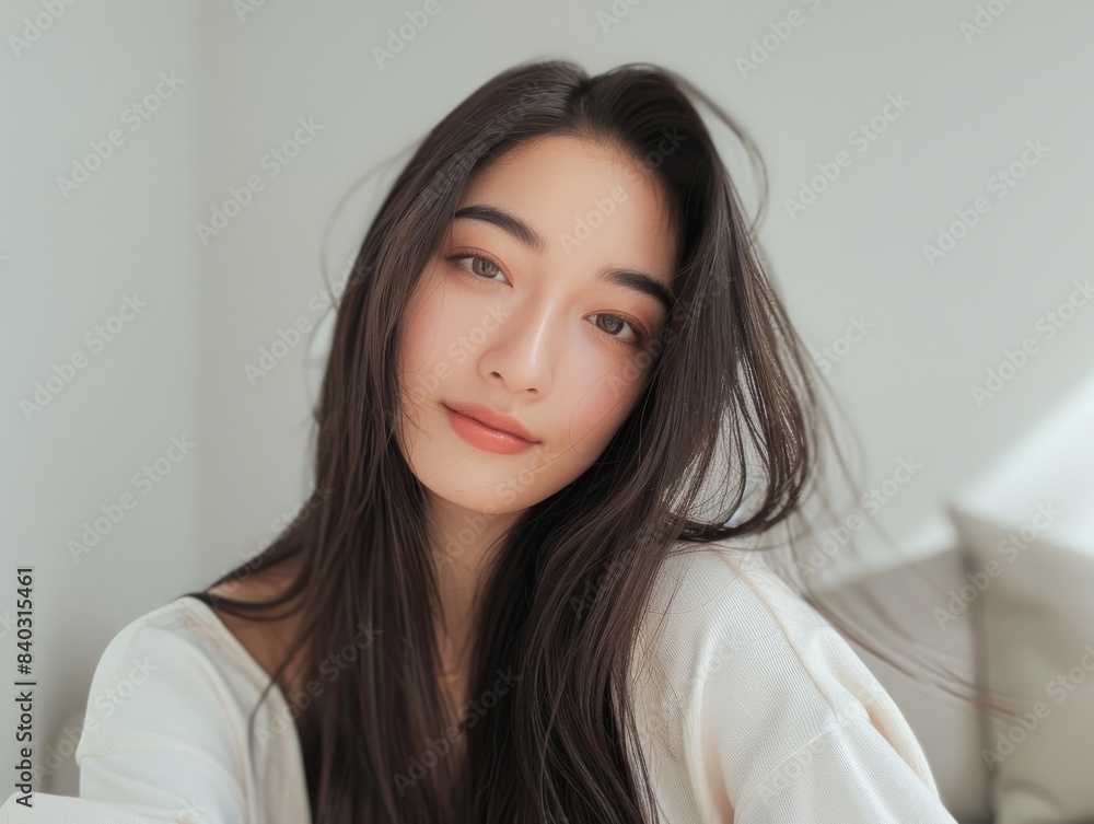 A beautiful young woman with long, flowing black hair and subtle makeup looks directly at the camera A beautiful young woman with long, flowing black hair and subtle makeup looks directly at the camera