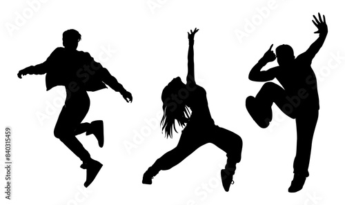 Dancing people black silhouettes. Teenagers, Young girl and boy dancing street dance, hip hop at party or night club. Outline vector drawing isolated on transparent background.