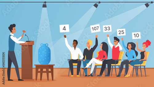 Artwork for sale at auction, auctioneer with gavel selling valuable antique vase, art gallery and public bidding. Competitors on seats holding bid paddles with numbers cartoon vector illustration