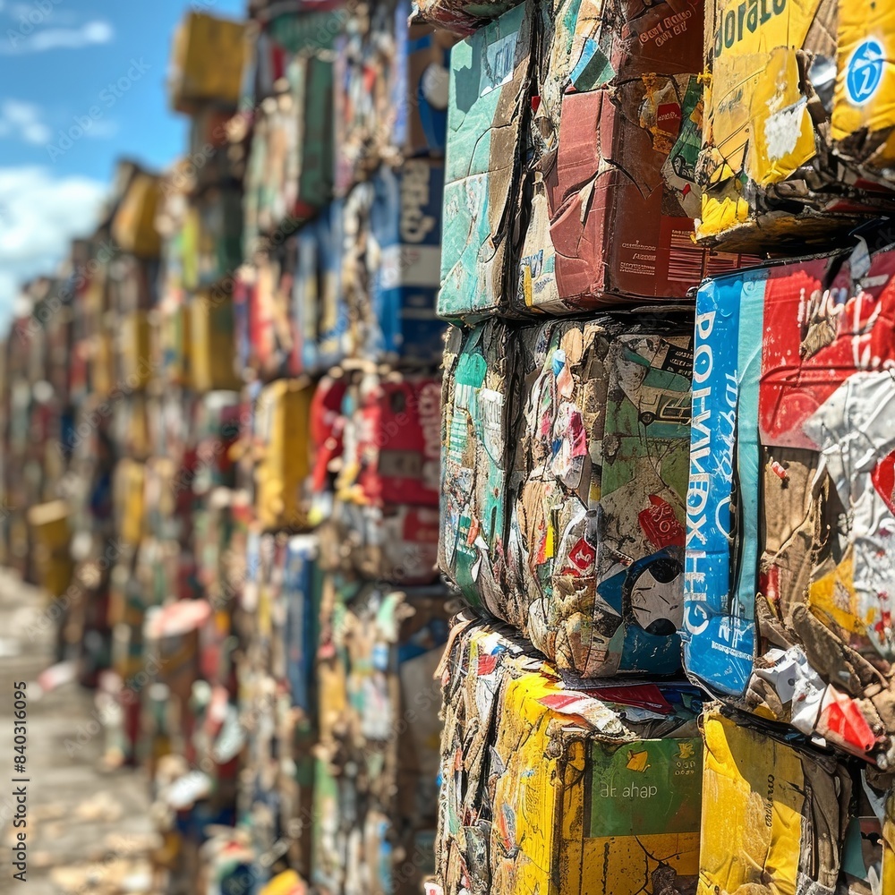Fototapeta premium Compacted blocks of recyclable materials, predominantly paper and cardboard, stacked densely