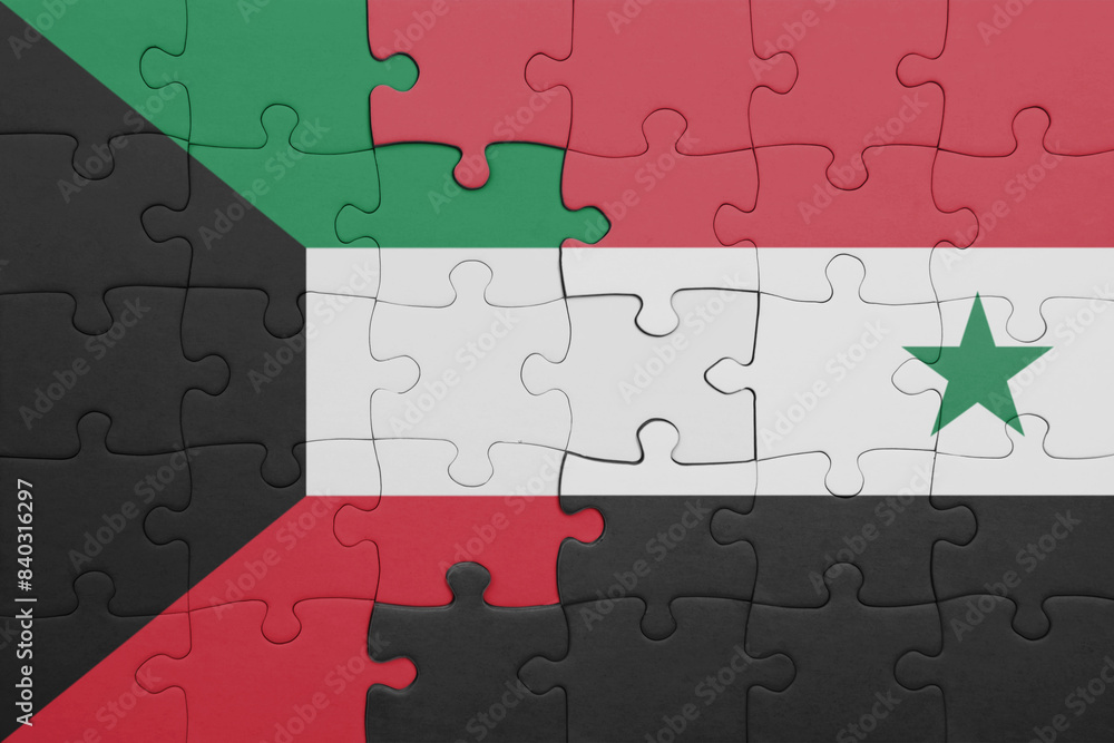 puzzle with the colourful national flag of syria and flag of kuwait . puzzle with the colourful national flag of syria and flag of kuwait .