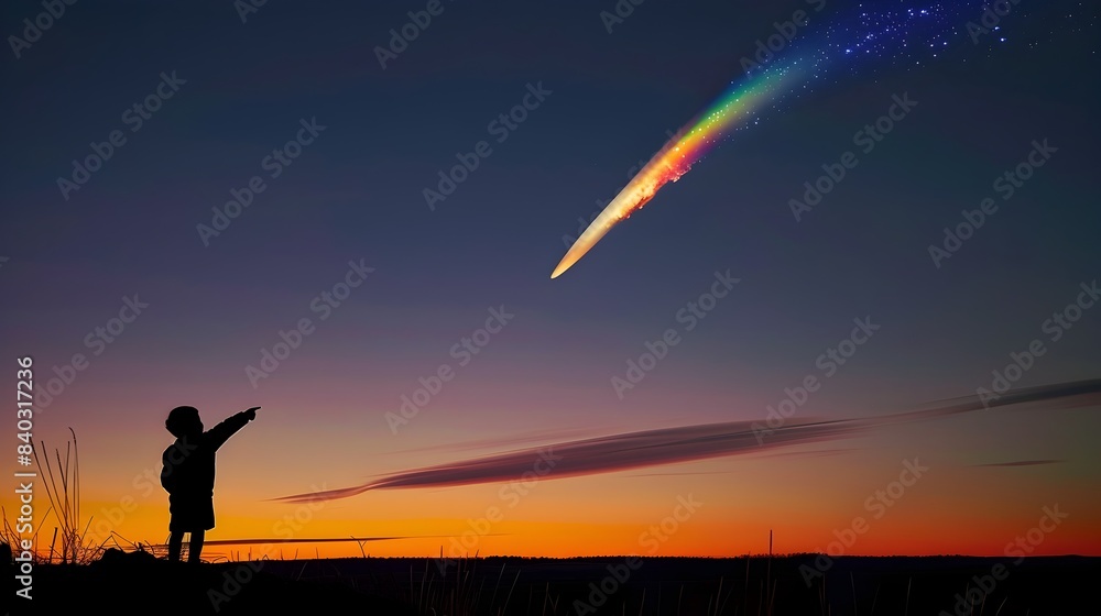 Child Gazing at Comet with Vibrant Rainbow Tail Across Twilight Sky Child Gazing at Comet with Vibrant Rainbow Tail Across Twilight Sky