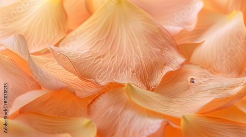 Closeup of translucent petals with subtle yellow accents on the soft peach color background.