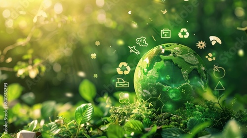 A globe surrounded by various recycling symbols and icons on a vibrant green background, representing global recycling efforts