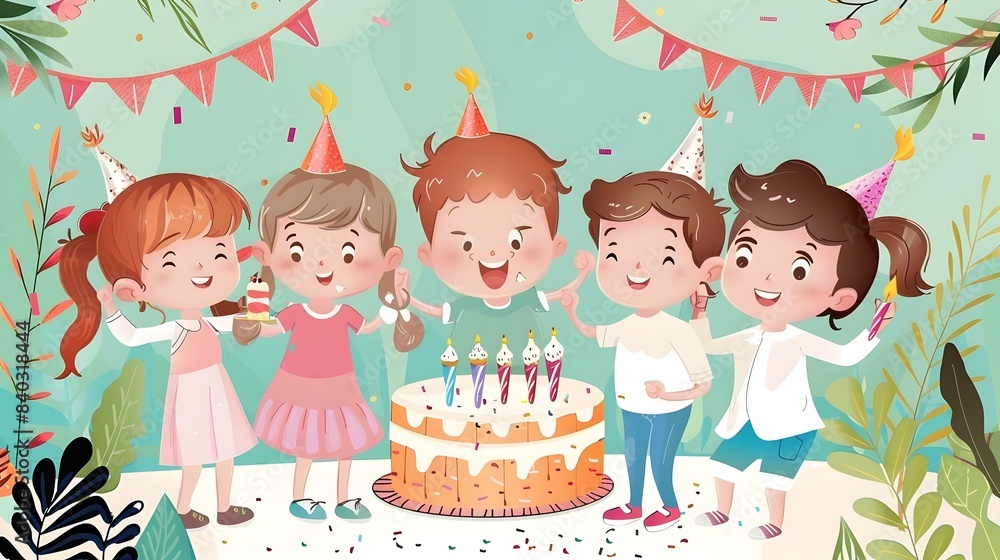 Cheerful Cartoon Kids Celebrating a Fun Birthday Party with Cake and Cheerful Cartoon Kids Celebrating a Fun Birthday Party with Cake and