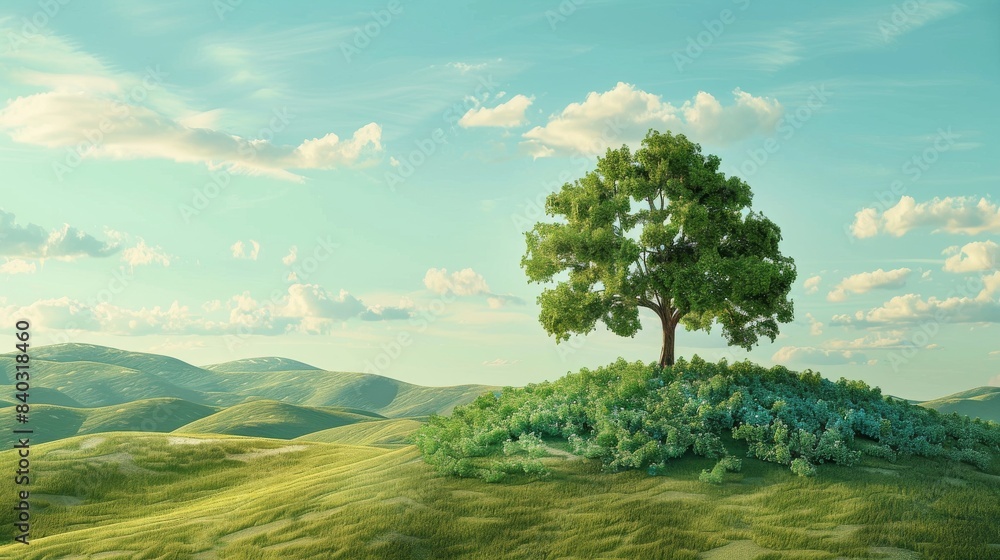 A stylized image of a tree growing out of a recycling symbol, against a background of rolling green hills and blue skies A stylized image of a tree growing out of a recycling symbol, against a background of rolling green hills and blue skies