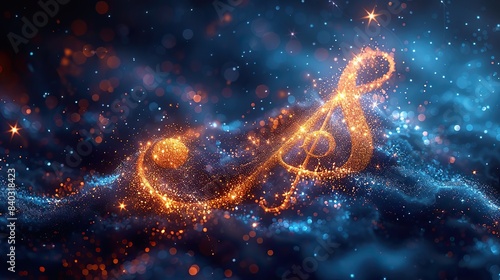 three dimensional abstract digital clef treble on blue background accompanied by stars symbols of music school clef signs treble notes poster art and song staffs.image illustration © Wiseman