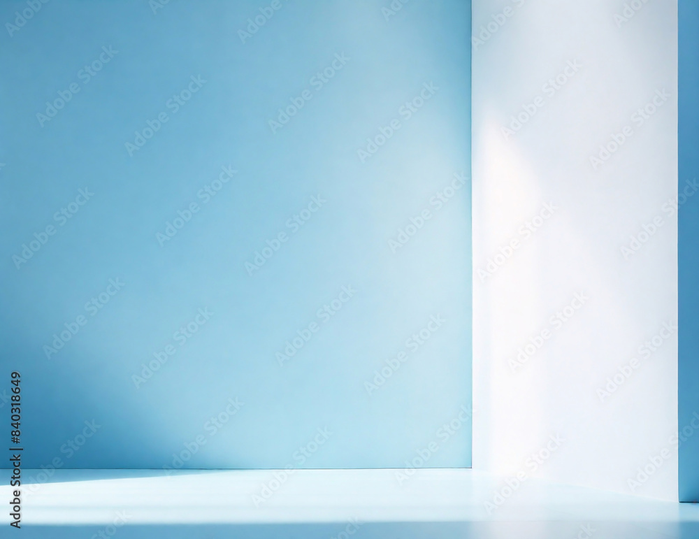 Light blue minimalistic background for product presentation with beautiful light and shadow on the wall and floor. Light blue minimalistic background for product presentation with beautiful light and shadow on the wall and floor.