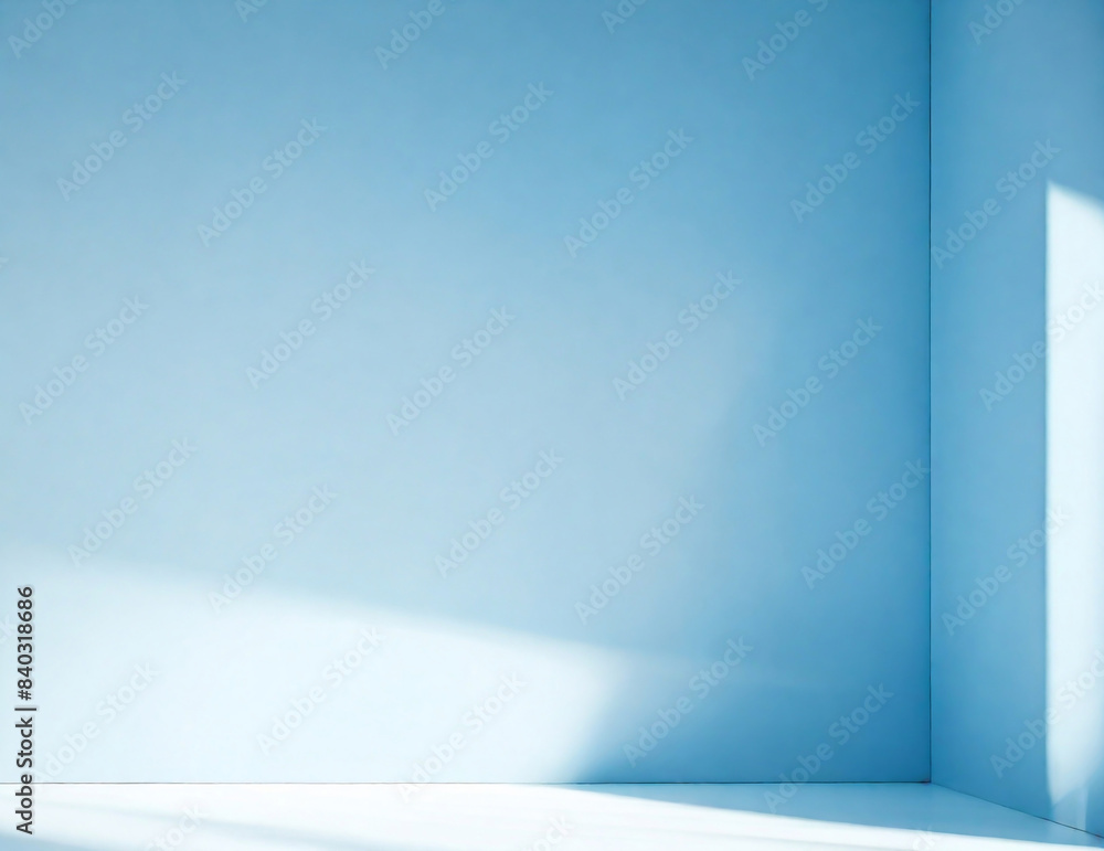 Light blue minimalistic background for product presentation with beautiful light and shadow on the wall and floor. Light blue minimalistic background for product presentation with beautiful light and shadow on the wall and floor.