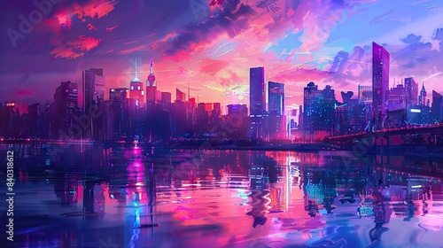 Futuristic city. Concept Art. Cityscape at night with bright neon lights. 3D illustration. AI generated illustration