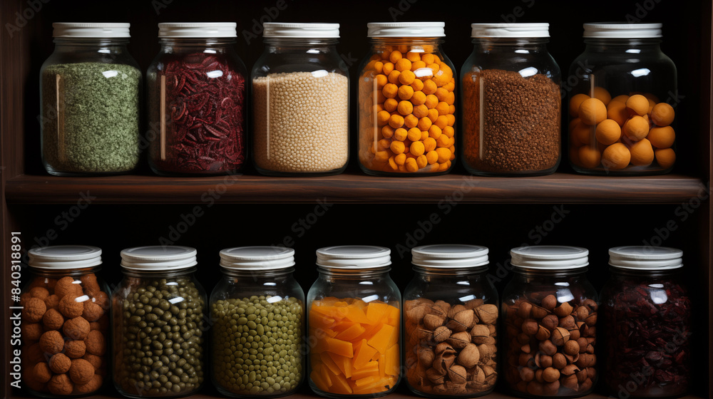 A well-organized pantry with labeled shelves and containers. Dry food items like pasta, rice, and cereals are stored in airtight containers. Jars filled with beans and lentils are neatly arranged on a A well-organized pantry with labeled shelves and containers. Dry food items like pasta, rice, and cereals are stored in airtight containers. Jars filled with beans and lentils are neatly arranged on a