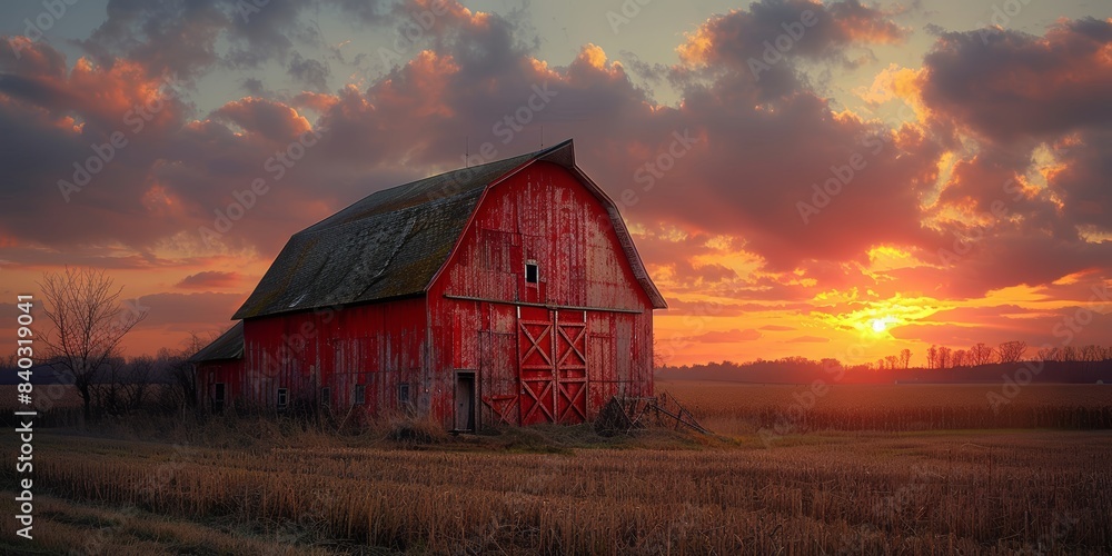 Red Barn in the Countryside close up, focus on, copy space Lush green fields, vibrant red barn, clear blue sky, Double exposure silhouette with barn and fields Red Barn in the Countryside close up, focus on, copy space Lush green fields, vibrant red barn, clear blue sky, Double exposure silhouette with barn and fields