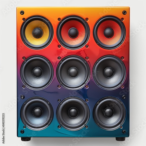 Colorful multi-speaker audio system with nine speakers in a vibrant, artistic design on a white background, perfect for music enthusiasts. photo