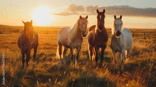 Three horses standing in a field of tall grass