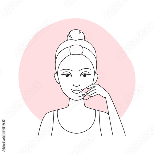 Girl making chin skin massage with quartz gua sha massager vector illustration