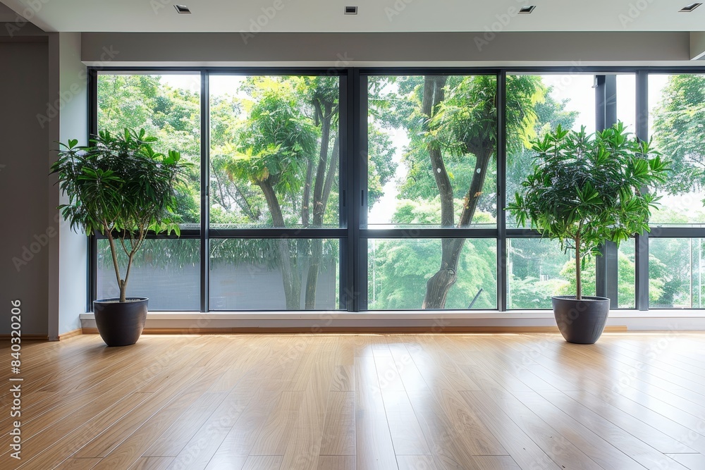 Fototapeta premium Sunlit Room with Wooden Floor and Indoor Plants