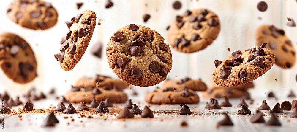 Cookies gracefully levitating and falling on a white background, creating a mesmerizing display Cookies gracefully levitating and falling on a white background, creating a mesmerizing display