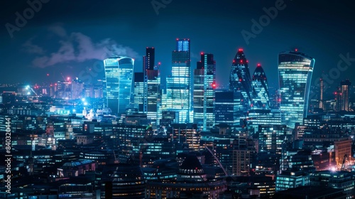 City of London view at night, business network connections concept.