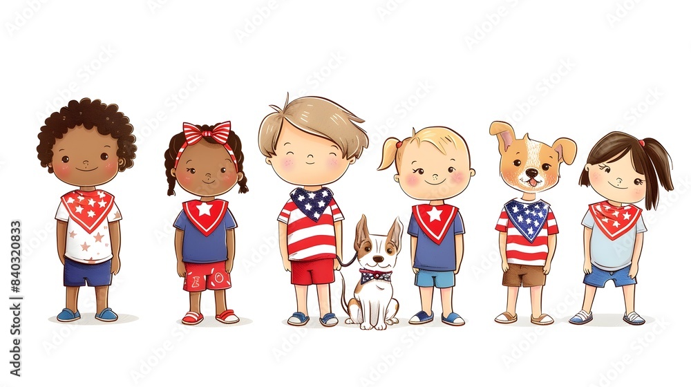 Cheerful Cartoon Kids and Dog Celebrating Patriotic Occasion in Summer Cheerful Cartoon Kids and Dog Celebrating Patriotic Occasion in Summer