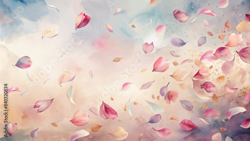 Watercolor background with scattered flower petals