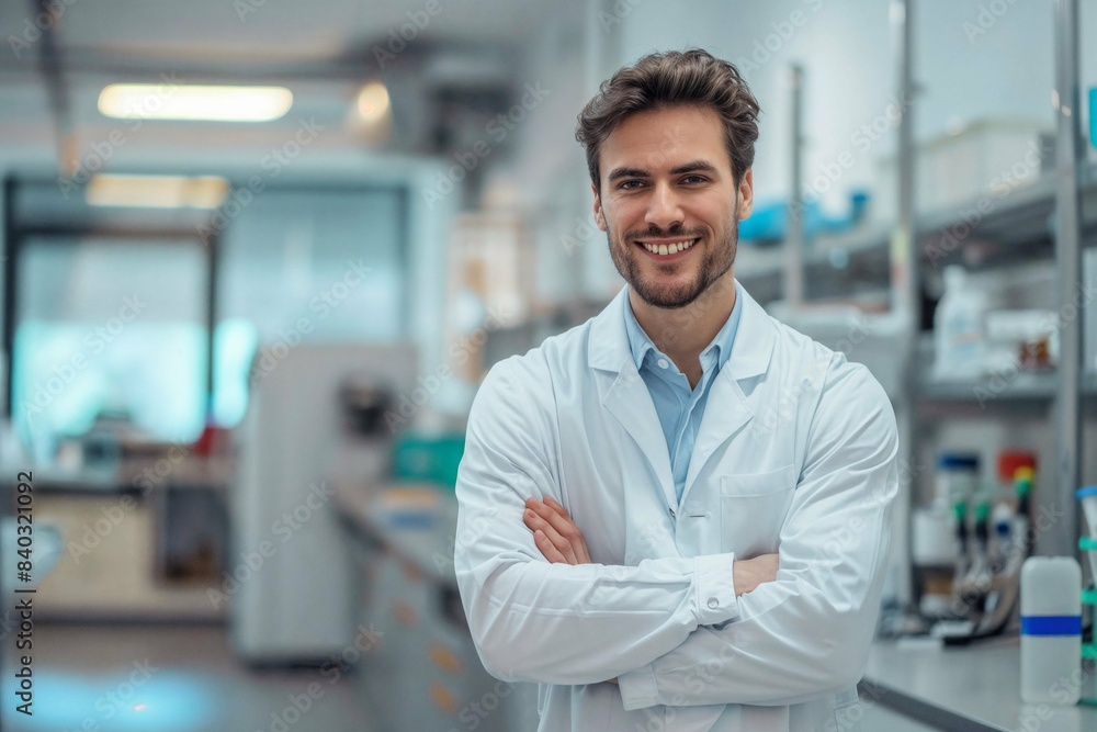 Handsome Young Man Scientist in White Coat Smiling with Arms Crossed, Standing in Lab Handsome Young Man Scientist in White Coat Smiling with Arms Crossed, Standing in Lab