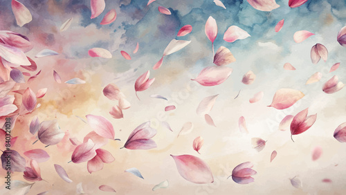 Watercolor background with scattered flower petals
