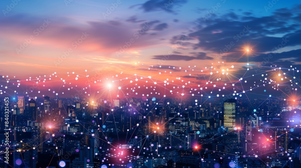 Naklejka premium City scape and network icon connection concept