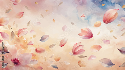 Watercolor background with scattered flower petals