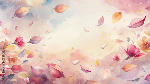 Watercolor background with scattered flower petals