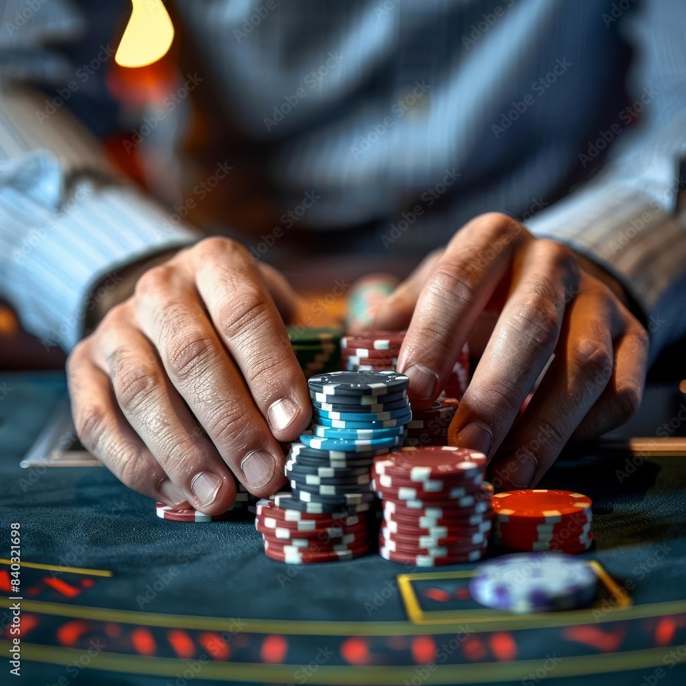 Close-up of hands arranging colorful poker chips on a casino table, capturing the intensity and thrill of gambling. Close-up of hands arranging colorful poker chips on a casino table, capturing the intensity and thrill of gambling.