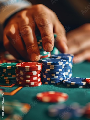 Close-up of a hand stacking colorful poker chips on a green casino table during a game. Gambling and strategy concept.
