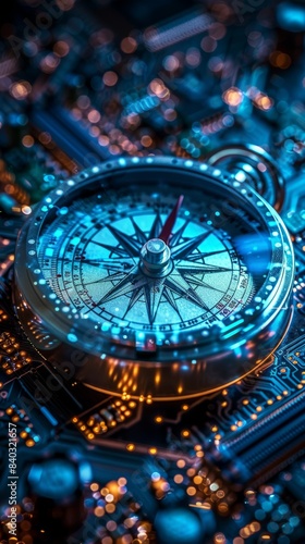 Wallpaper Mural Futuristic Compass on a Circuit Board close up, focus on, copy space Neon lights, advanced technology, sleek design, Double exposure silhouette with circuits and compass Torontodigital.ca