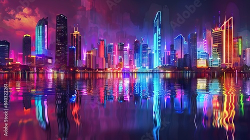Futuristic city. Concept Art. Cityscape at night with bright neon lights. 3D illustration. AI generated illustration © Or