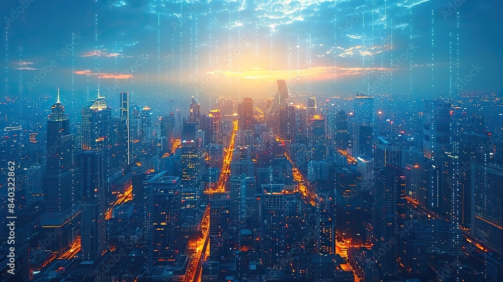 Fototapeta premium a network of computers laptops tablets and mobile phones internet of things g communication concept in a smart city rendering of skyscrapers.image illustration