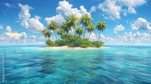 A small island with palm trees emerges from a turquoise ocean  summer vacation.
