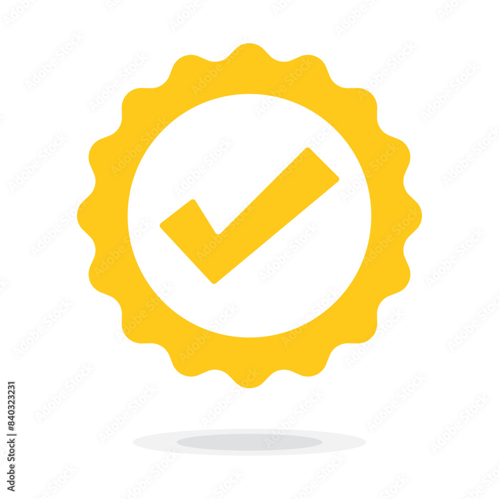 Quality guarantee yellow Vector icon isolated on white background. Approving, check, concept seal isolated on white background illustration. Award, winner, trophy, top quality, promotion concept. Quality guarantee yellow Vector icon isolated on white background. Approving, check, concept seal isolated on white background illustration. Award, winner, trophy, top quality, promotion concept.