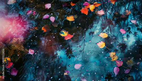 A leaf is covered in raindrops, creating a serene and peaceful atmosphere
