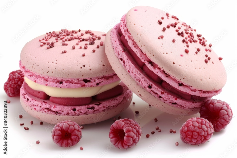 Pair of pink macarons with delicate raspberry decorations, set against a soft background for an elegant and sweet treat Pair of pink macarons with delicate raspberry decorations, set against a soft background for an elegant and sweet treat