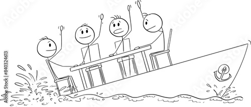 Boat is sinking and crew is discussing about problem solving, vector cartoon stick figure or character illustration.