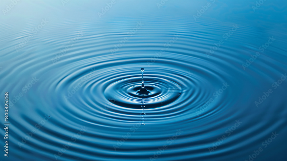 Serene image of a single water droplet creating ripples on a smooth, blue surface Serene image of a single water droplet creating ripples on a smooth, blue surface