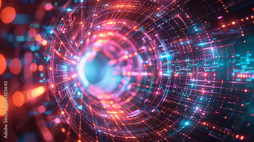 Abstract digital tunnel with glowing neon lights and dynamic particles, symbolizing futuristic technology and data transfer. Abstract digital tunnel with glowing neon lights and dynamic particles, symbolizing futuristic technology and data transfer.