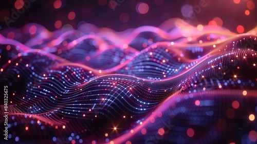 Abstract digital wave pattern with glowing particles, showcasing futuristic technology and data visualization in vibrant colors.