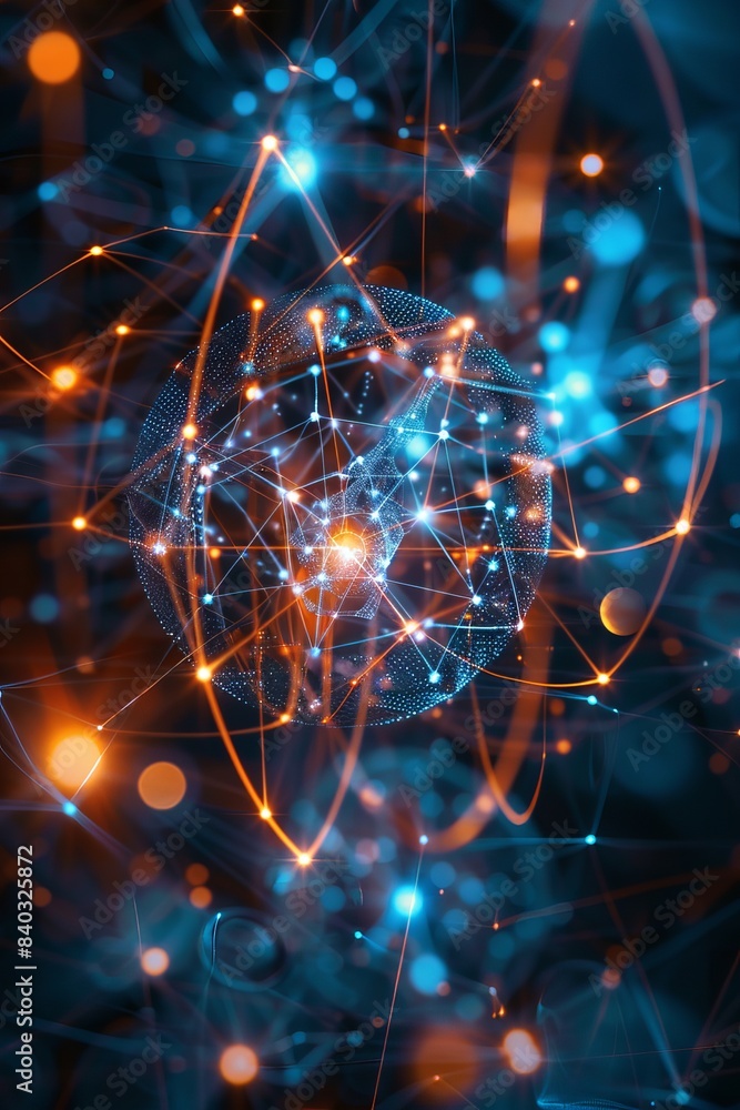 Abstract network, glowing connections in futuristic digital background with nodes, lines, and vibrant colors representing data and technology.