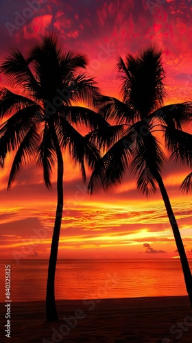 Imagine an iconic scene reminiscent of Scarface  where the vibrant backdrop of an orange sky sets the stage for a row of majestic palm trees. AI generated illustration