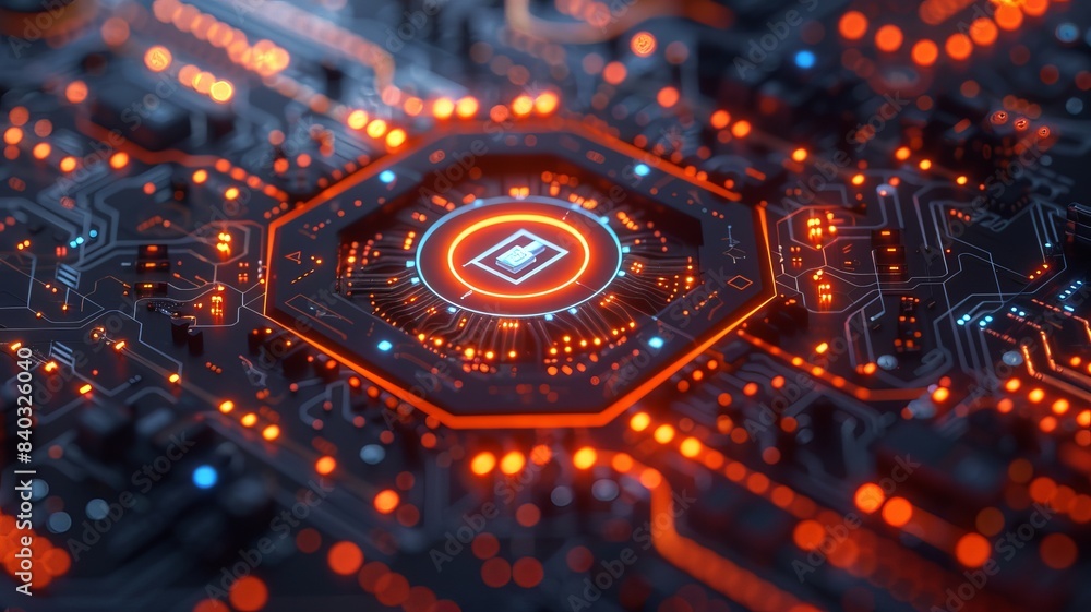 Fototapeta premium Close-up image of a futuristic circuit board with glowing orange and blue lights, showcasing modern technology and intricate digital design.