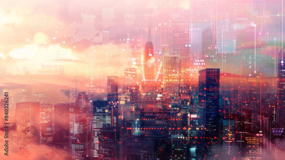 Double exposure of modern cityscape and electric circuit. Double exposure of modern cityscape and electric circuit.