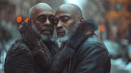 Two Men Embrace in the Cold Embrace of Winter in the City. Generative AI